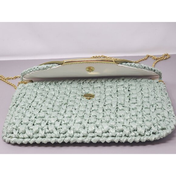 Vintage Rodo Raffia Woven Mint Green Clutch Gold Chain Snap Closure‎ - Picture 4 of 10